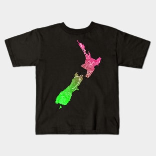Colorful mandala art map of New Zealand with text in pink and green Kids T-Shirt